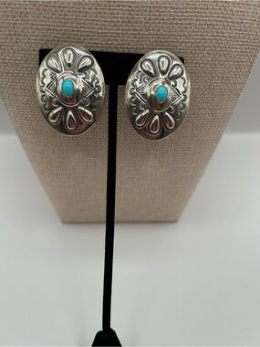 Vintage Navajo Willie Tsossie Sterling Silver Turquoise Clip On Earrings